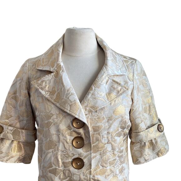 VINTAGE CACHE Cropped Jacket Womens Sz 4 Gold Jacquard Floral Print Flounce - Picture 3 of 8